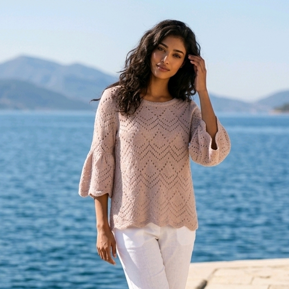 LC Lauren Conrad Blush Pointelle Sweater S Bell Sleeve Open Knit Scallop Top